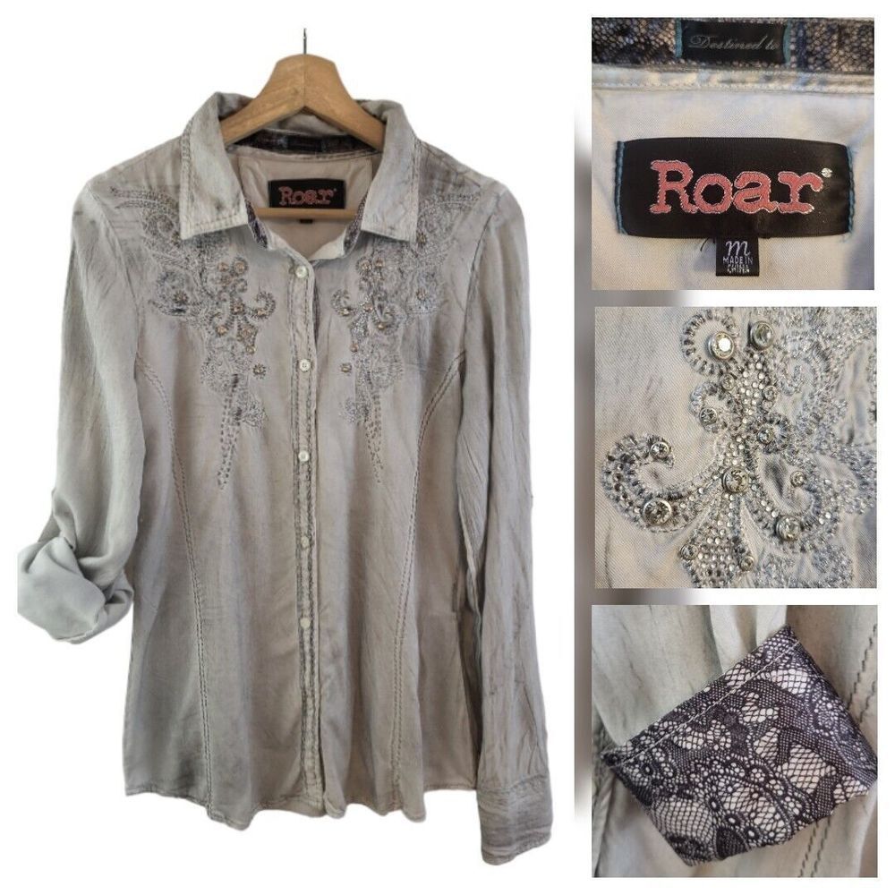 Roar Gray Button Down Shirt with Embroidered Details